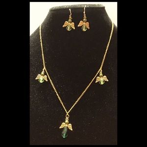 20” Green Angels with Gold Wings and Halos Necklace and Matching Earrings